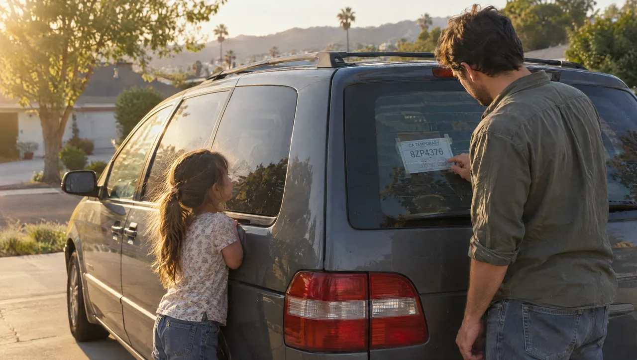 A father and daughter beside the used minivan they just picked up in their driveway