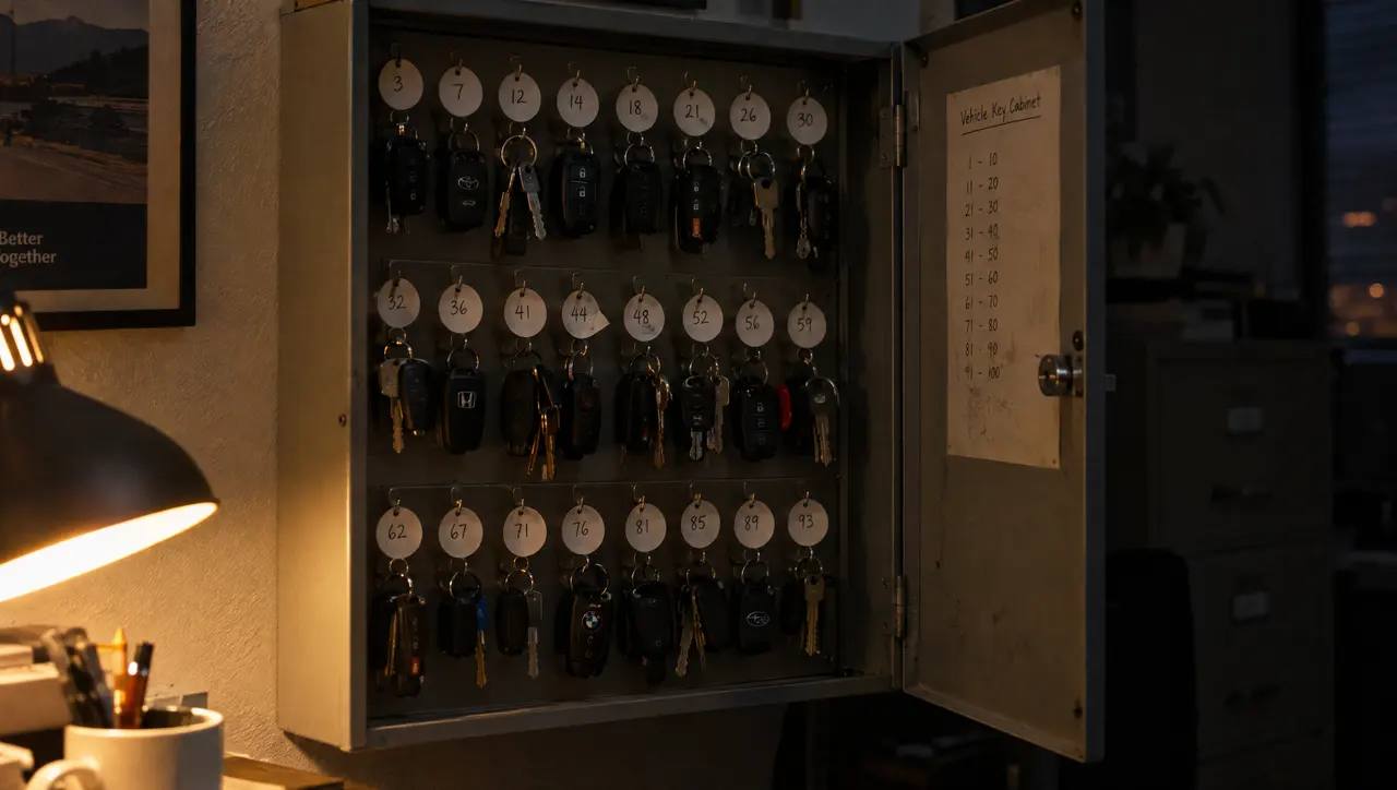 A wall cabinet of car keys on numbered paper tags in the ARMPROFF office