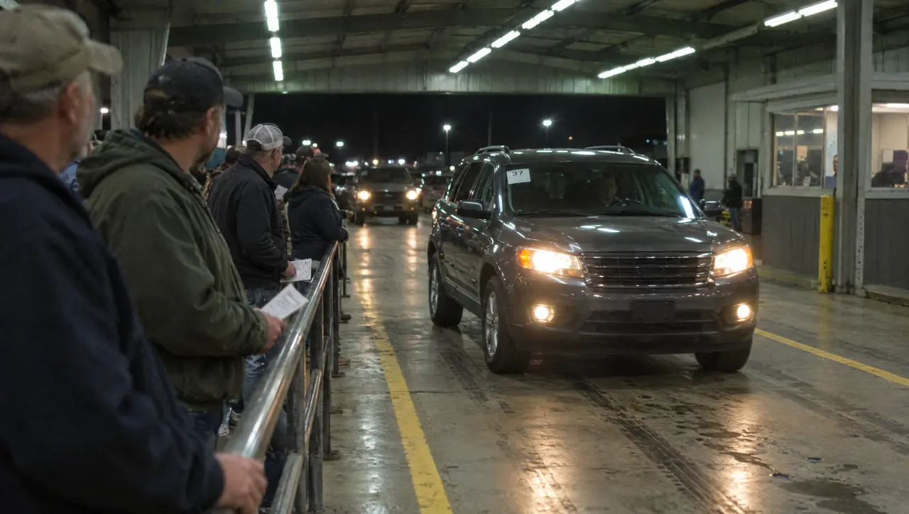 A dark gray SUV rolling through an indoor auction lane while buyers watch from the rail