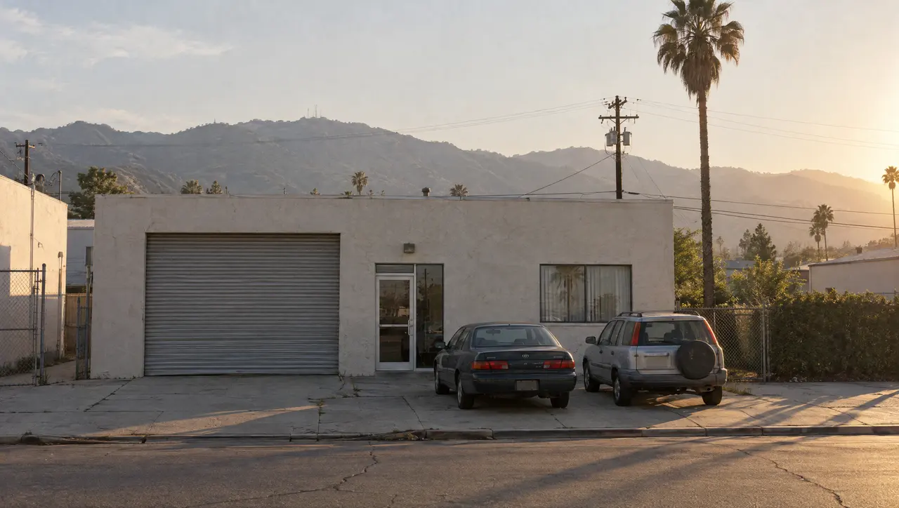 A small light-industrial office building on a quiet Burbank street at golden hour