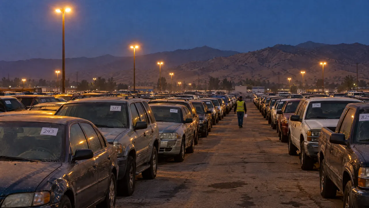 A vehicle auction yard at dusk with rows of used cars under sodium lights